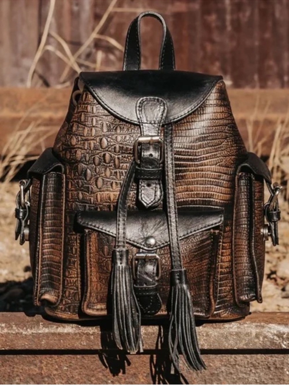 Freebird by Steven Brown and Black leather Croc-Embossed Backpack with Tassel - Picture 1 of 10